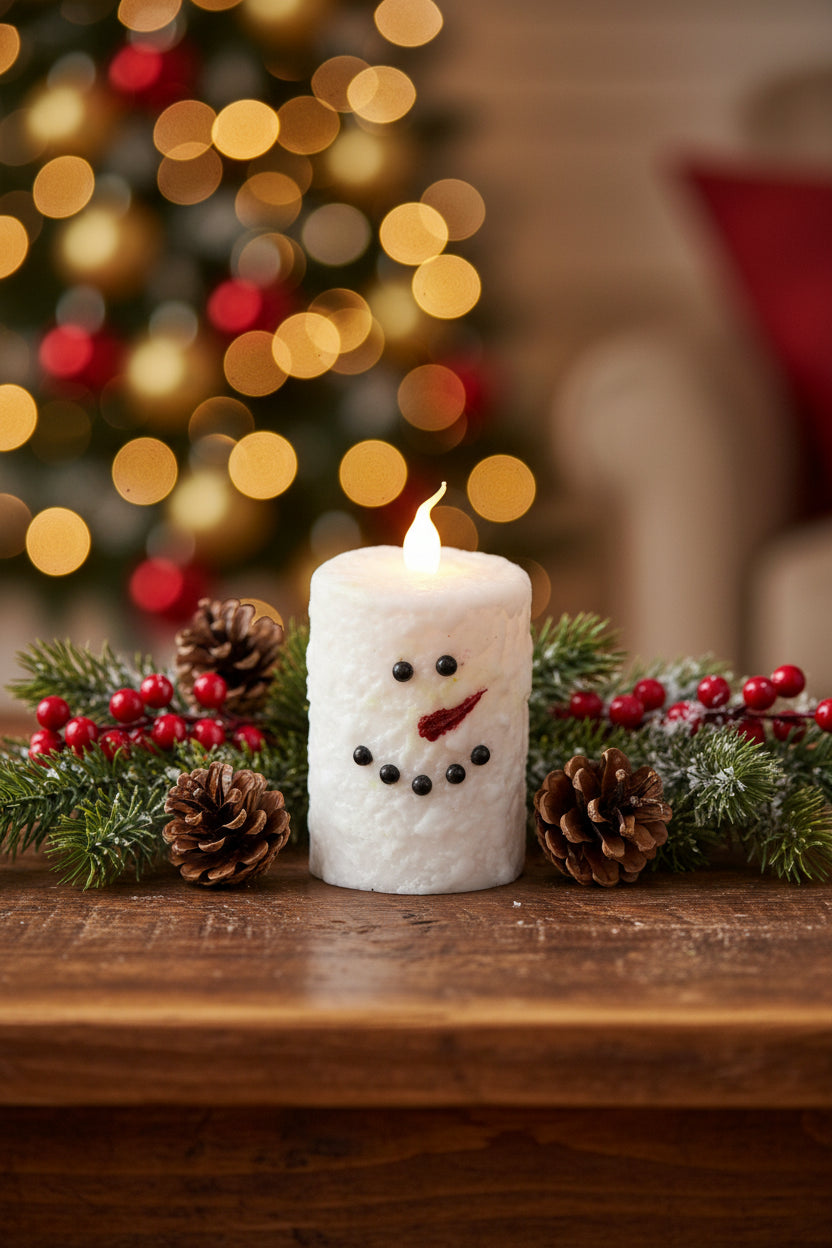 White Snowman LED Pillar Candle