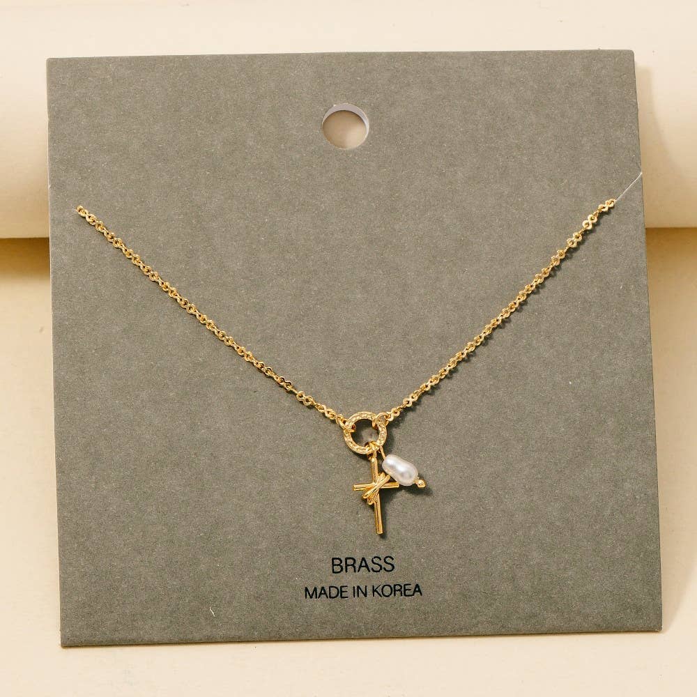 Pearl And Cross Charms Dainty Chain Necklace
