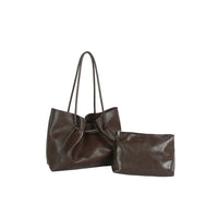 Slouchy Tote and Pouch Set with Knot Ties - Brown