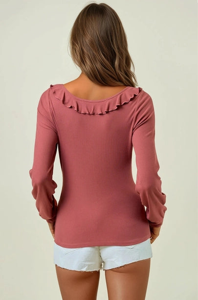 Scoop Neck Ruffle Top - Marsala