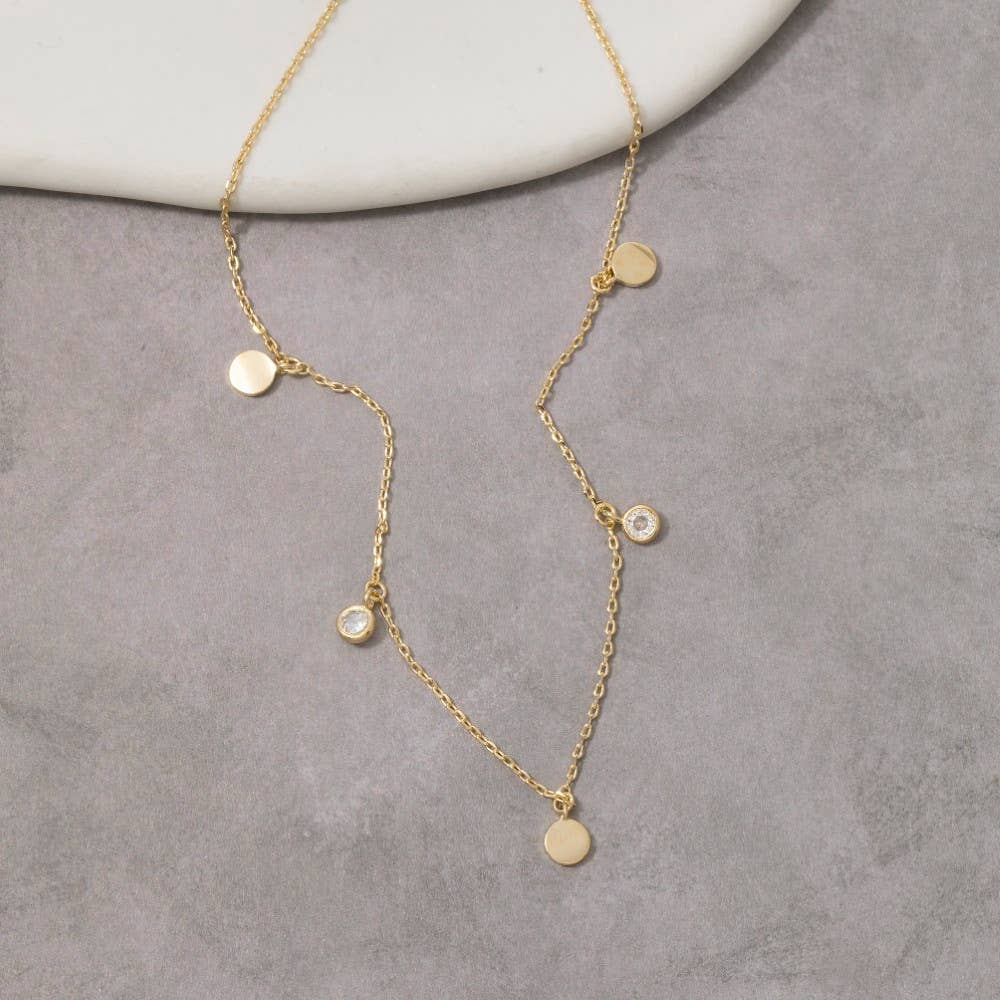 Disc And Cubic Zirconia Drop Charm Necklace: Gold