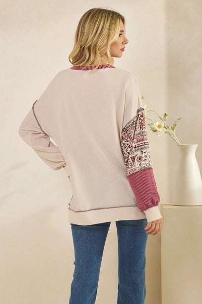 Patchwork Knit Pullover Top - Oatmeal + Burgundy