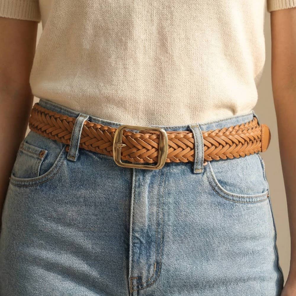 Vegan Leather Braided Belt: Brown