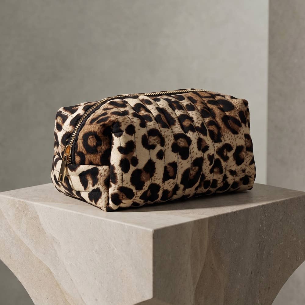 Quilted Leopard Print Zip Cosmetic Pouch: leopard