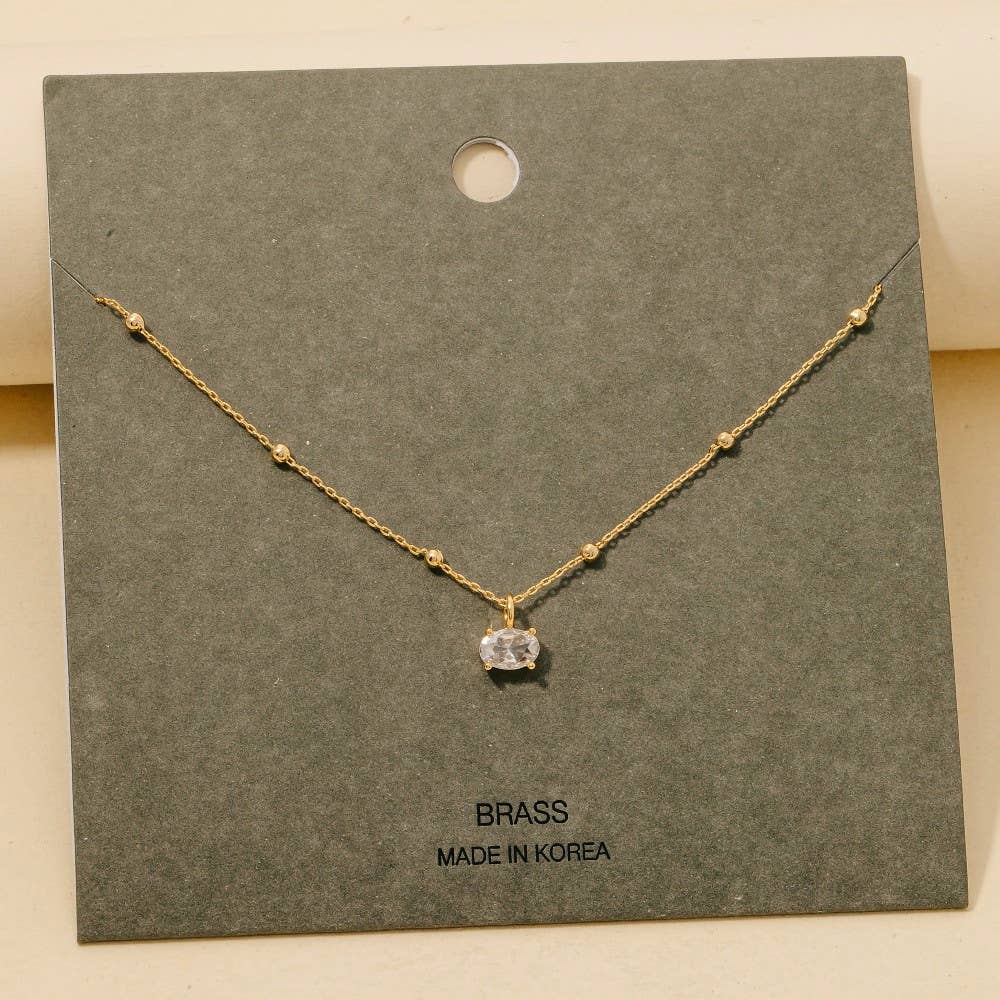 Faceted Oval Gem Pendant Station Bead Chain Necklace: Gold