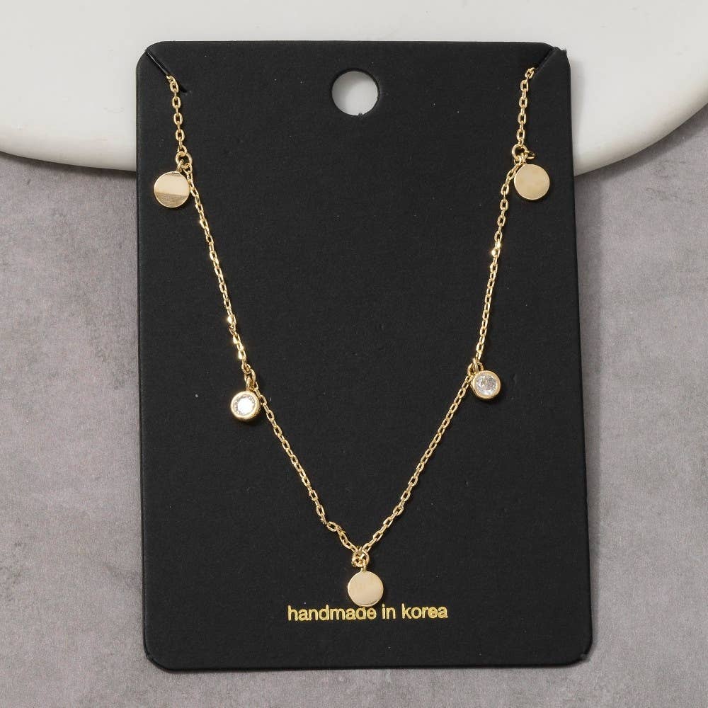 Disc And Cubic Zirconia Drop Charm Necklace: Gold