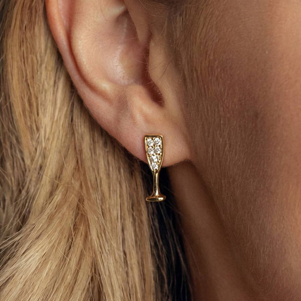 Gold Dipped Cz Pave Champagne Glass Stud Earrings: Gold