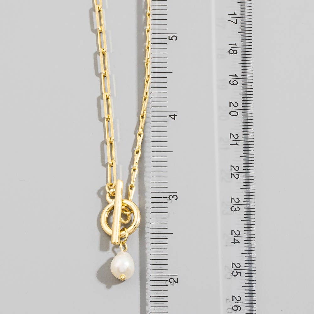 Toggle Chain Pearl Charm Necklace: Gold