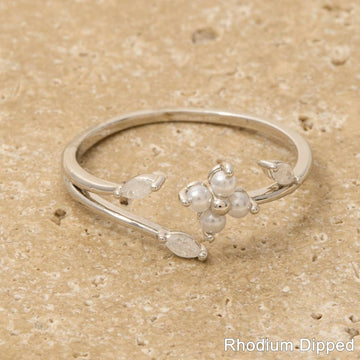 Gold Dipped Cubic Zirconia Floral Pearl Open Ring