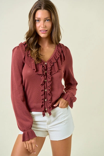 Ruffle Button Front Top - Maroon