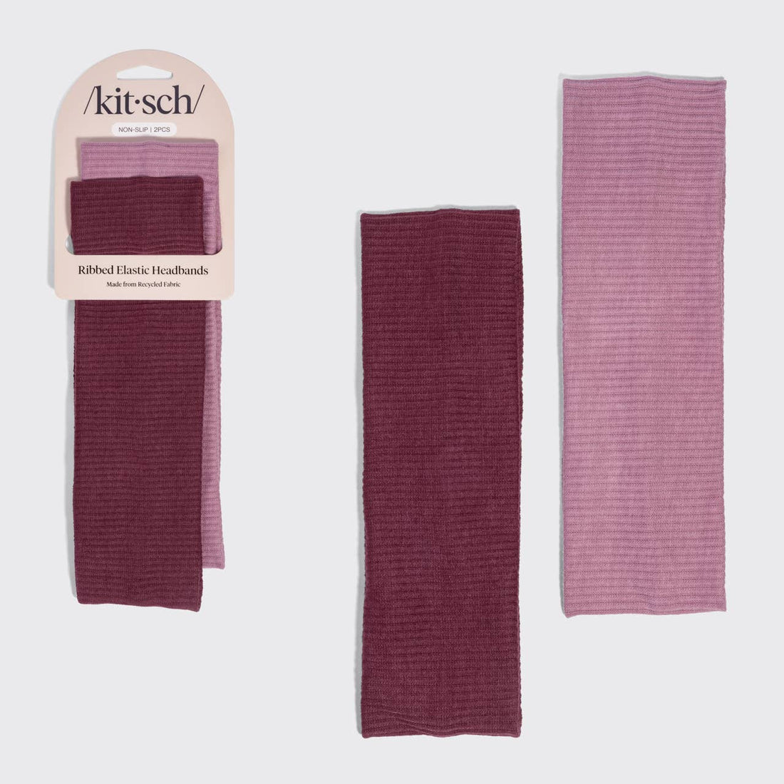Recycled Fabric Ribbed Elastic Headbands 2pc Set - Cherry Lacquer & Dusty Pink