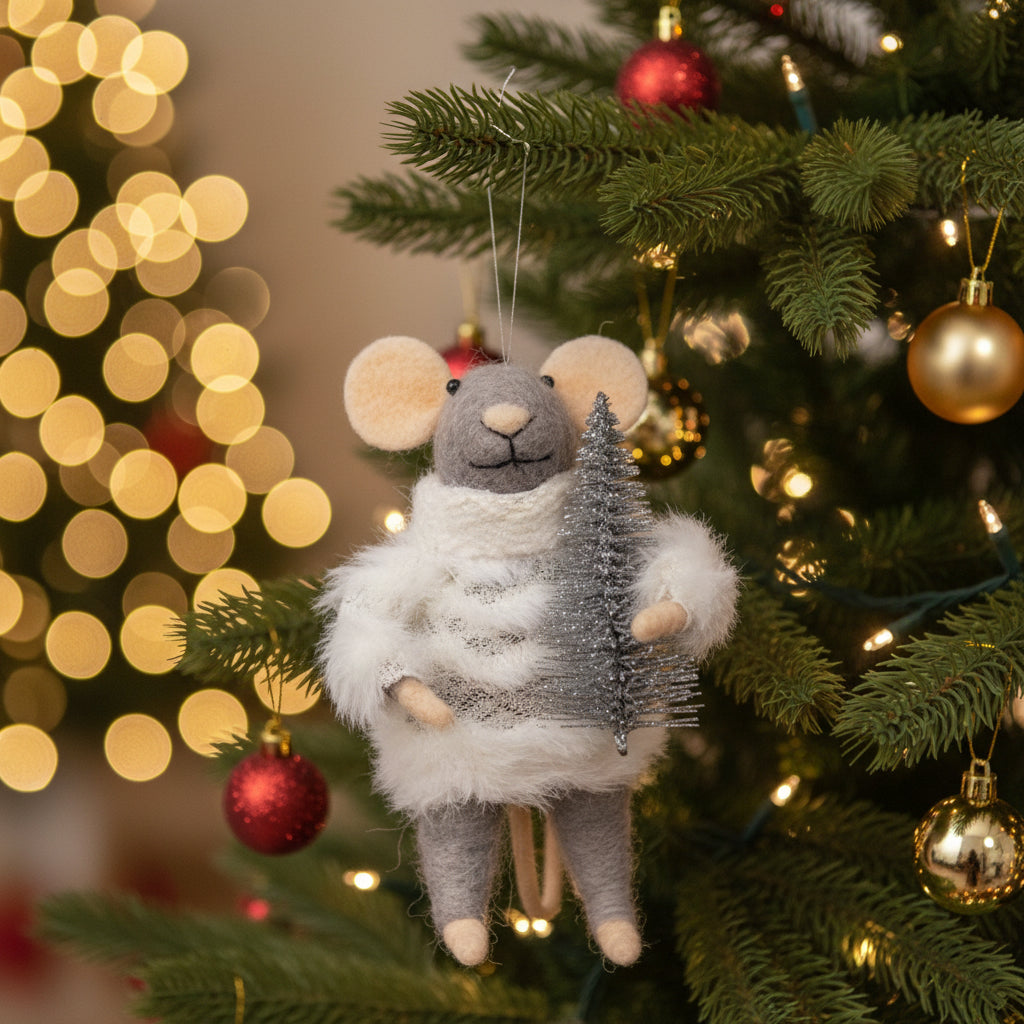 Festive Mouse with Tree Felted Ornament