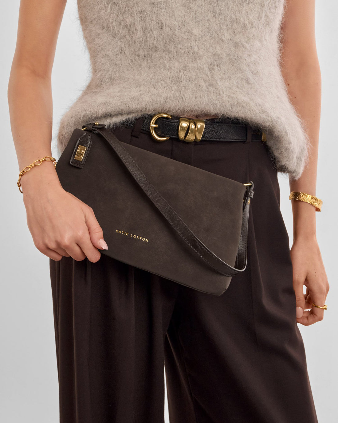 Orin Twist Lock Suedette Small Shoulder Bag - Bitter Chocolate