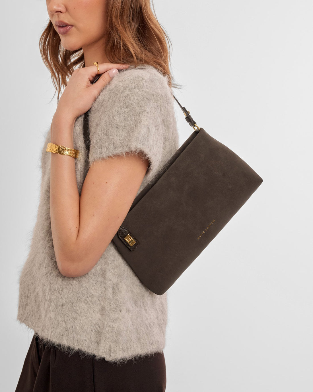 Orin Twist Lock Suedette Small Shoulder Bag - Bitter Chocolate