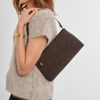 Orin Twist Lock Suedette Small Shoulder Bag - Bitter Chocolate