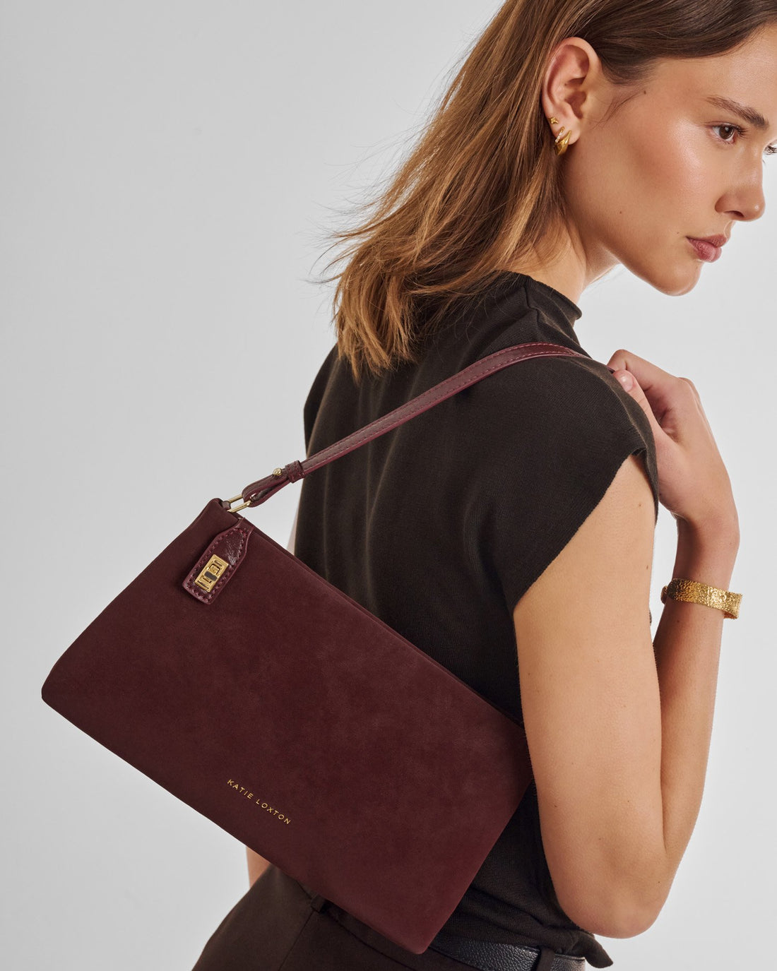 Orin Twist Lock Suedette Small Shoulder Bag - Cherry