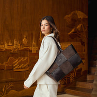 TAYA WOVEN TOTE BAG | Bitter Chocolate Patent Crackle / Bitter Chocolate Suedette