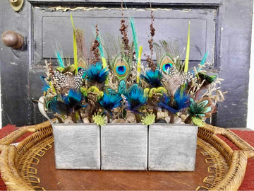 Pheasant, Peacock + Guinea Fowl Feather Flower Arrangement - Mini Crate