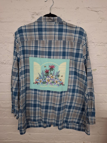 Repurposed Flannel Shirt with Wisconsin Wildflowers Patch