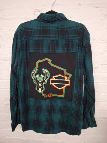 Repurposed Flannel Shirt with MKE BBall + Motorcycles Patch