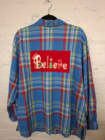 Repurposed Pullover Flannel with Believe Patch