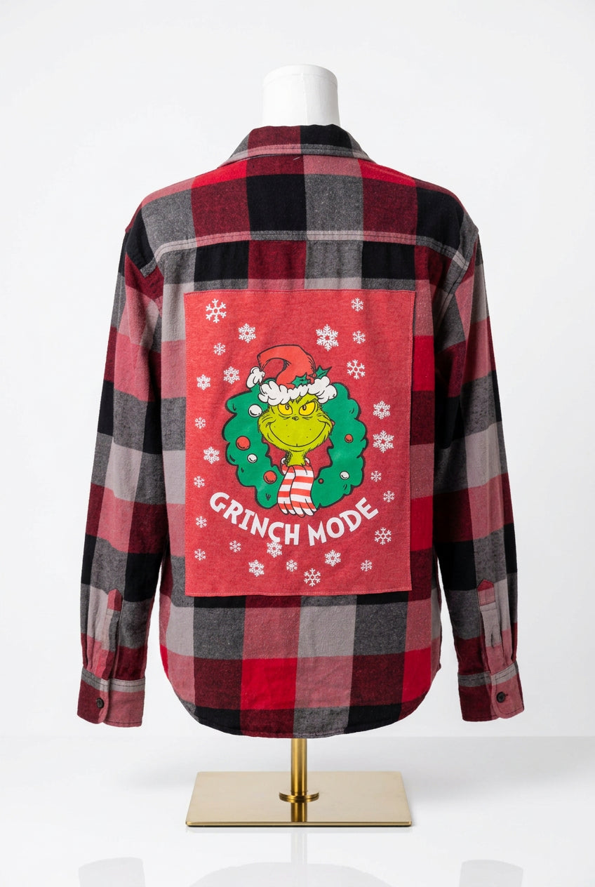 Repurposed Flannel Shirt with Christmas Green Guy Patch