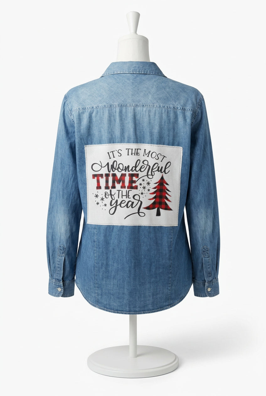 Repurposed Denim Shirt with Most Wonderful Time Patch
