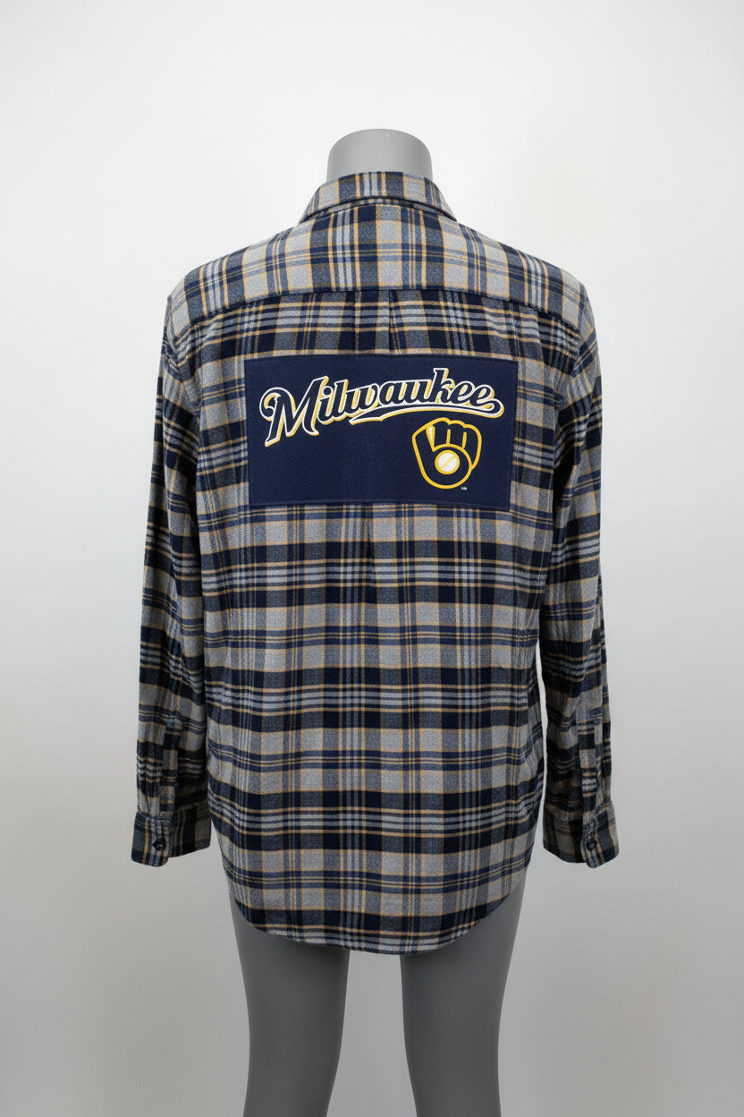 Repurposed Flannel Shirt with Milwaukee Baseball Patch