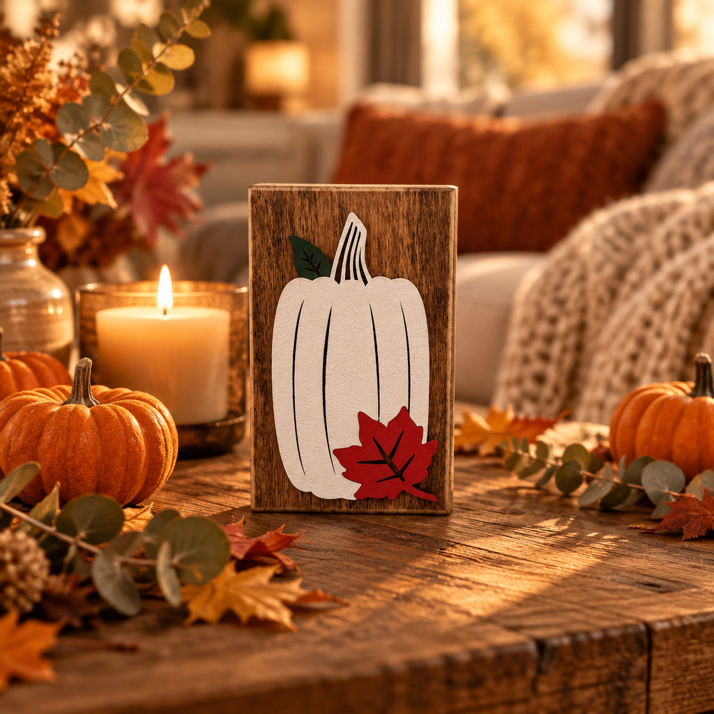 Pumpkin + Leaf Block Sign