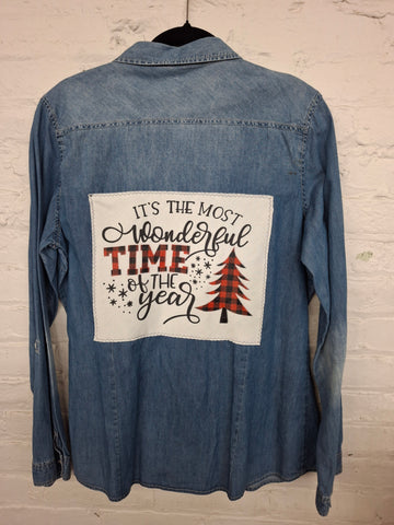 Repurposed Denim Shirt with Most Wonderful Time Patch