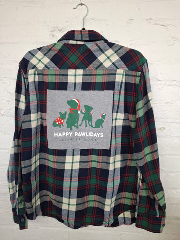 Repurposed Pullover Flannel with Happy Pawlidays Patch