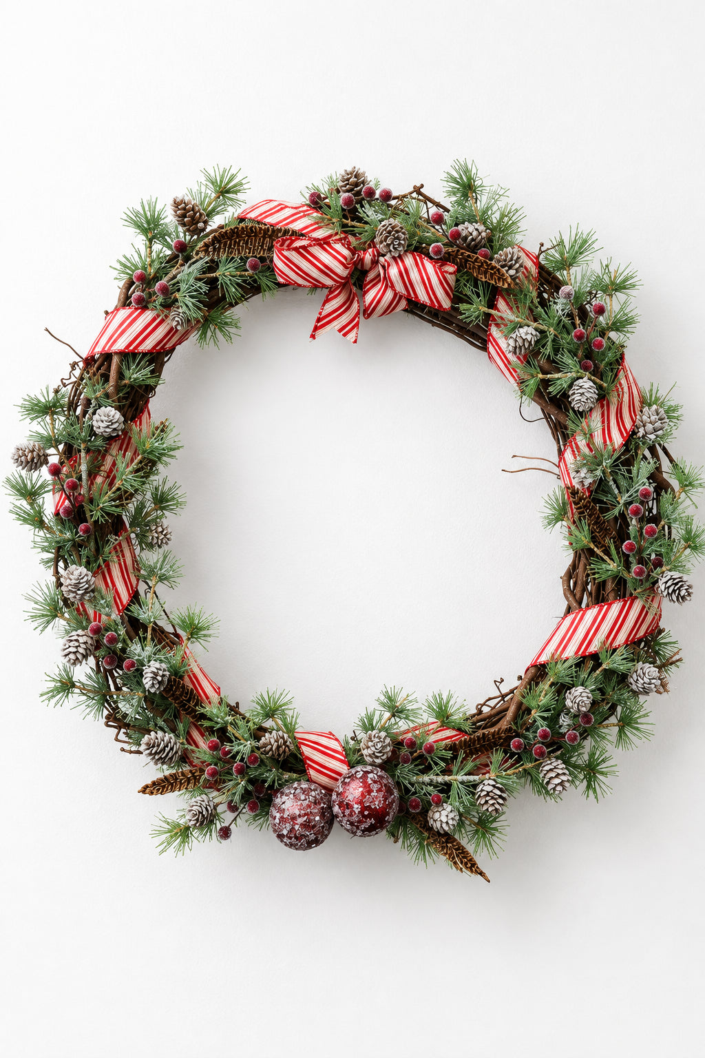 Holiday Pheasant Feather Floral Wreath - Red Stripe