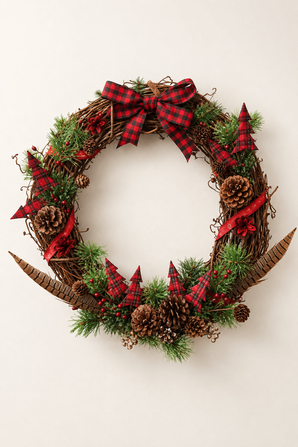 Holiday Pheasant Feather Floral Wreath - Red Plaid