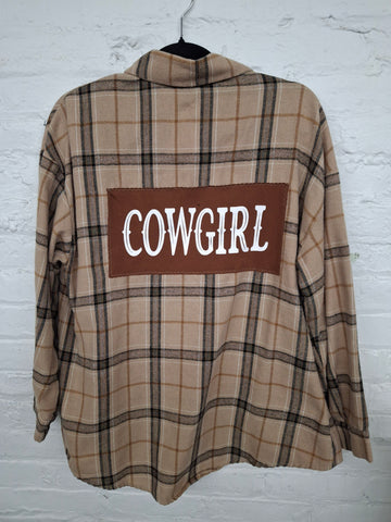 Repurposed Flannel Shirt with Cowgirl Patch