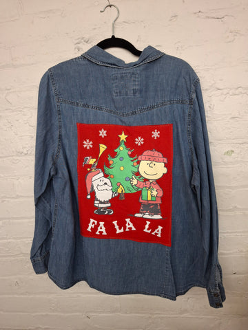 Repurposed Denim Shirt with Fa La La Patch