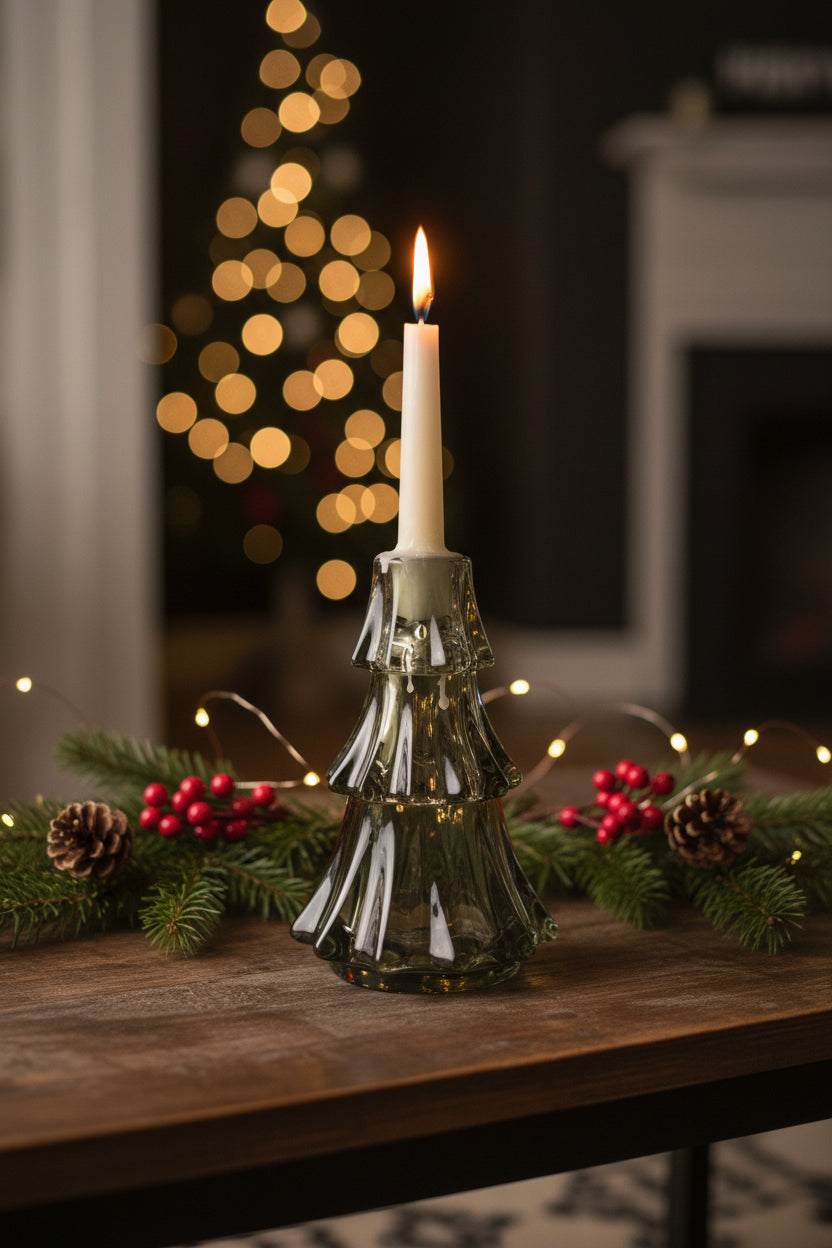 Green Glass Tree Taper Holder