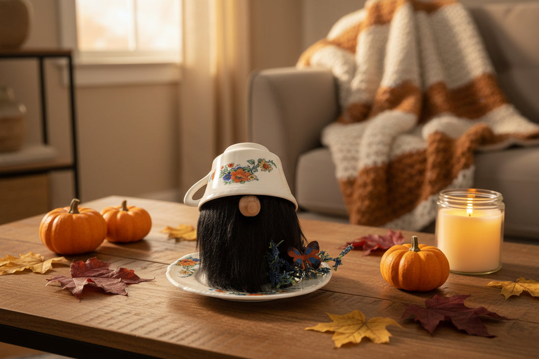 Blue Flowers + Orange Butterfly Teacup Gnome