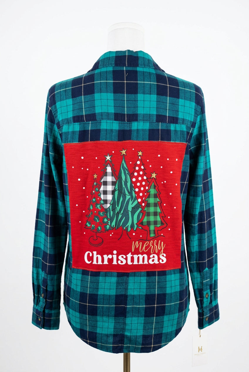 Repurposed Flannel Shirt with Merry Christmas Patch