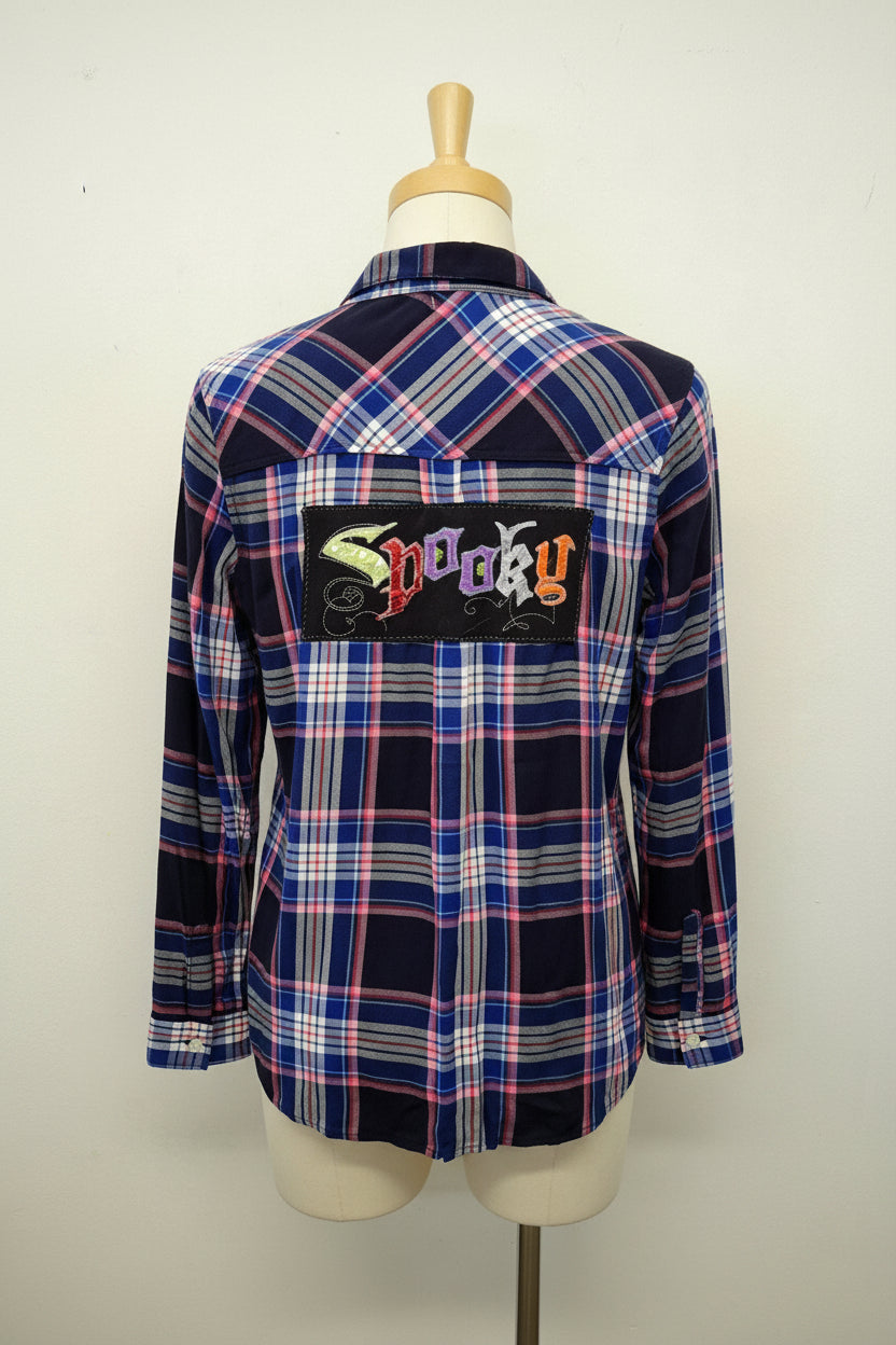 Repurposed Flannel Shirt with Spooky Patch