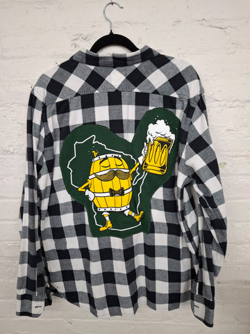 Repurposed Flannel Shirt with Wisconsin Beer Patch