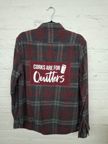 Repurposed Flannel Shirt with Corks Are For Quitters Patch