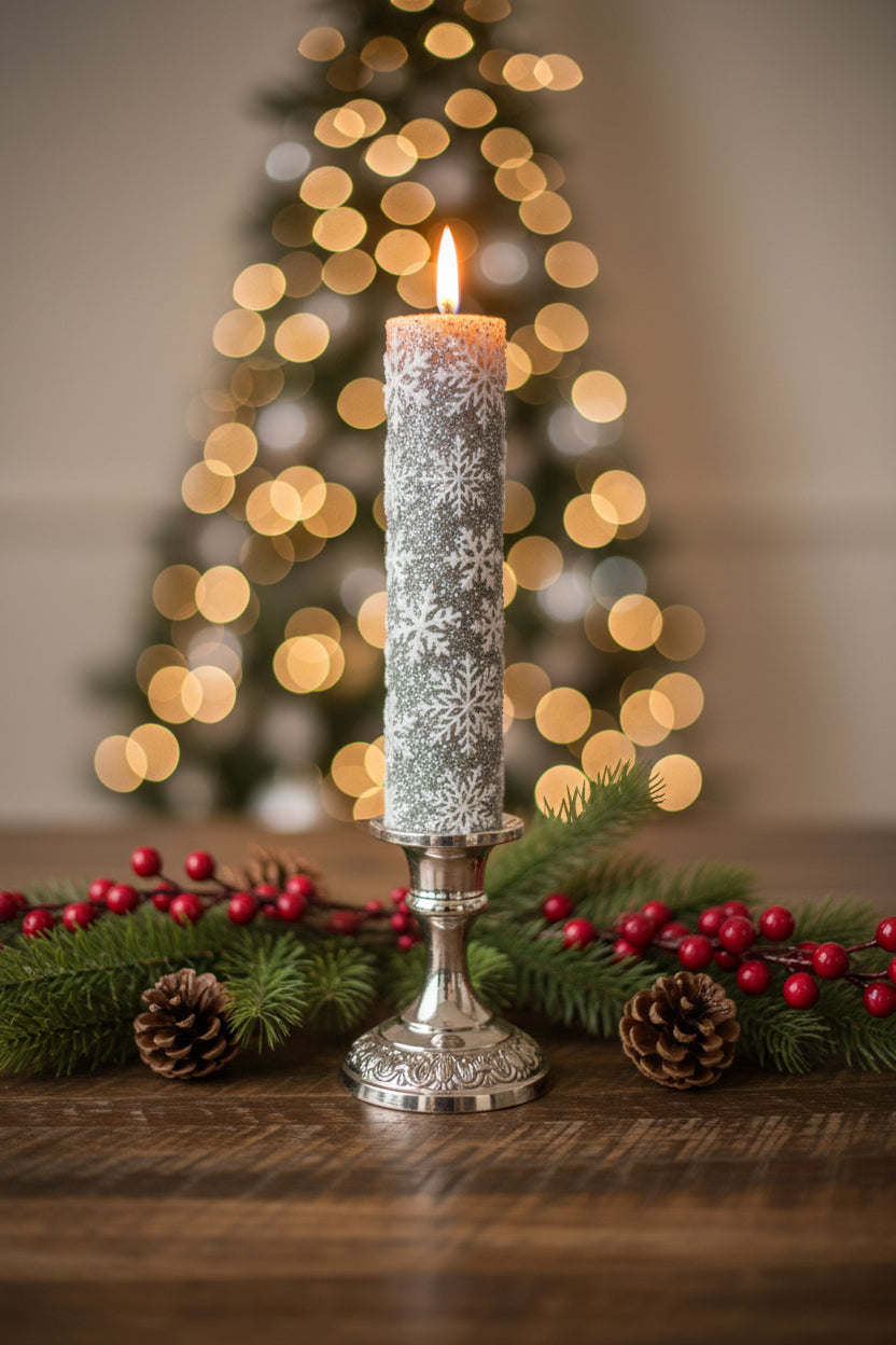 Dark Green Snowflake LED Taper Candle