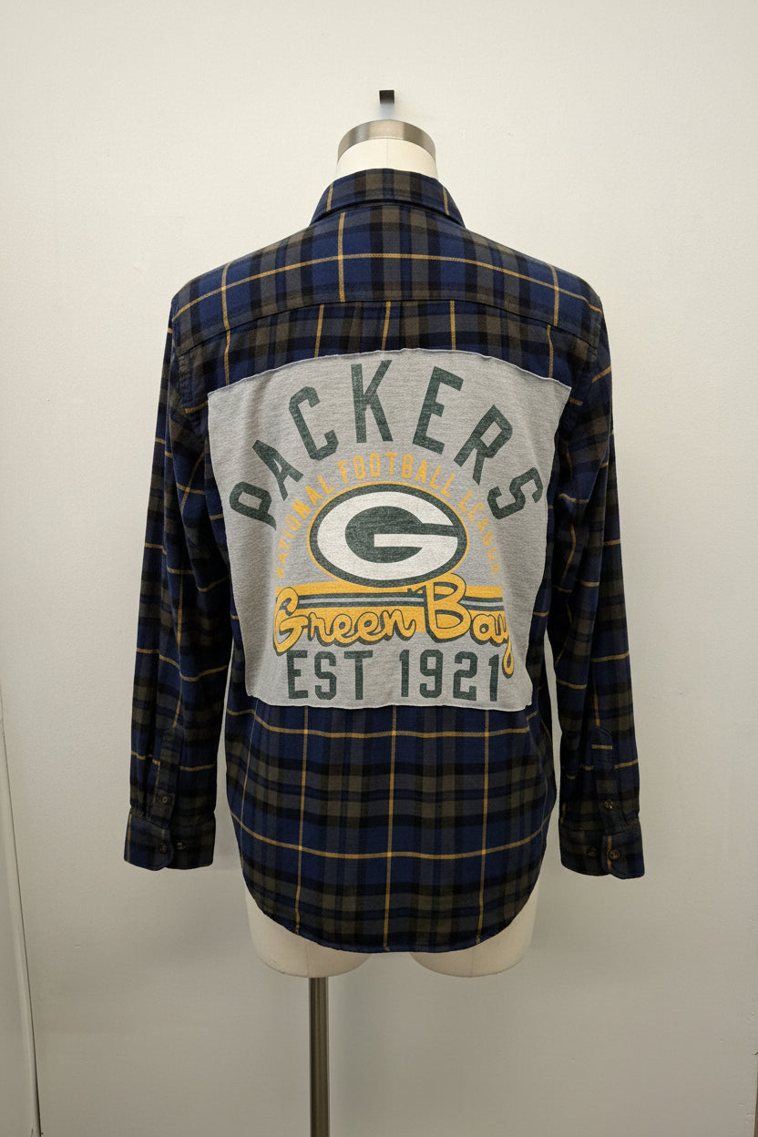 Repurposed Flannel Shirt with Gray Packer Patch