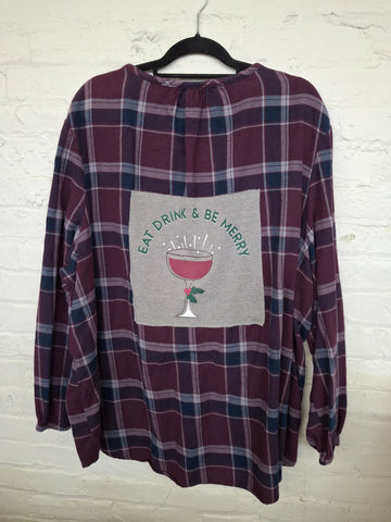 Repurposed Shirt with Eat Drink & Be Merry Patch