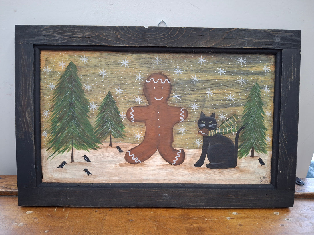Hand Painted Cat + Gingerbread Man Picture