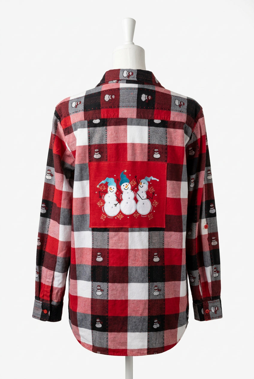 Repurposed Flannel Shirt with Snowmen Patch