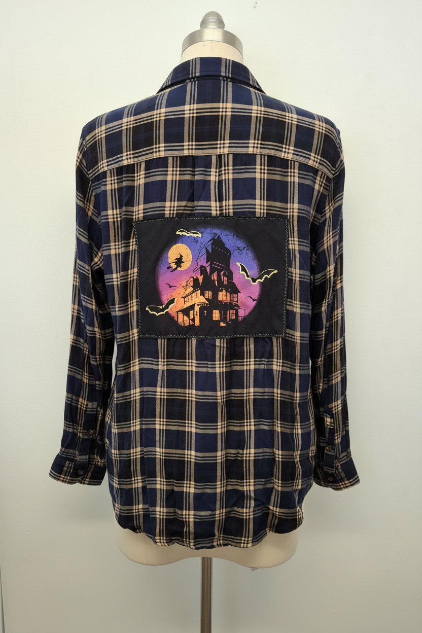 Repurposed Flannel Shirt with Haunted House Patch
