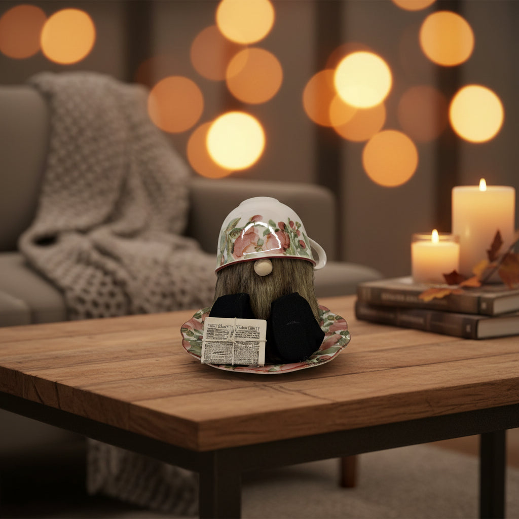 Pink Flowers + Newspaper Teacup Gnome