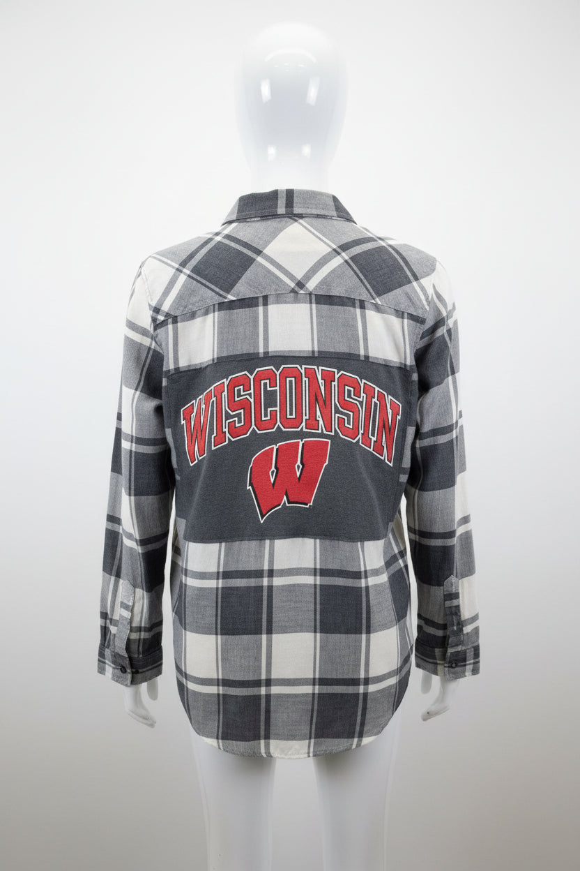 Repurposed Flannel Shirt with Wisconsin Football Patch