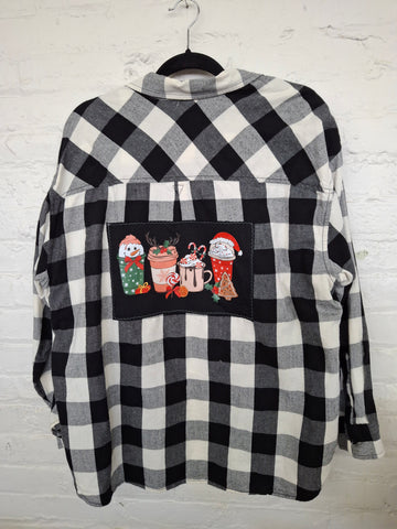 Repurposed Pullover Flannel with Holiday Drinks Patch
